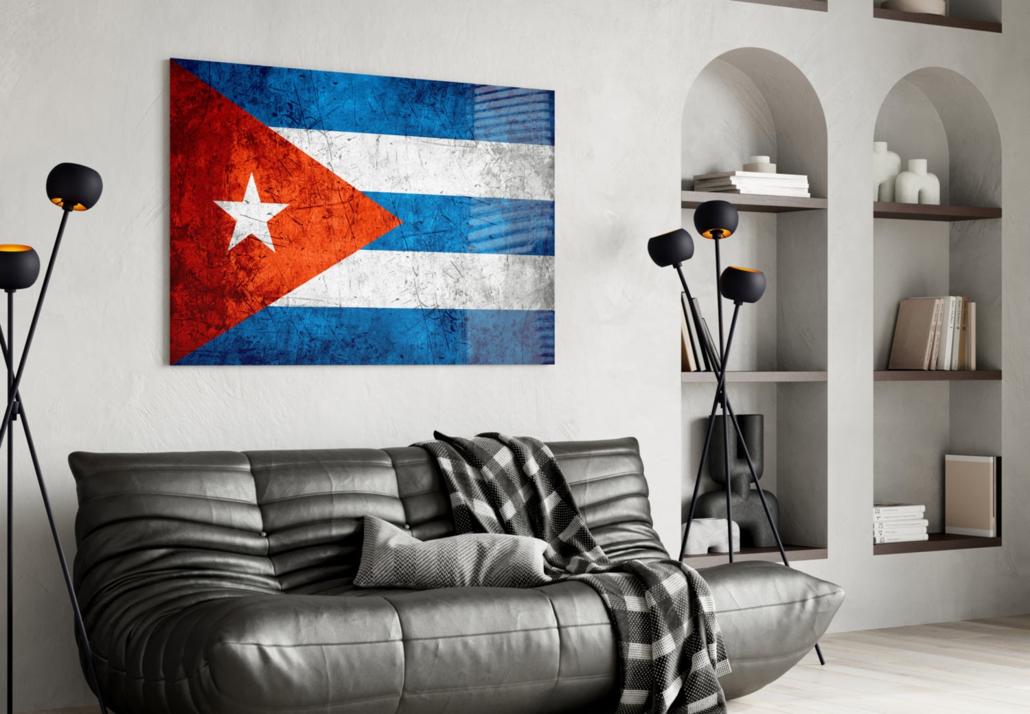Cuban flag glass wall art displayed above a black leather sofa in a modern living room interior.