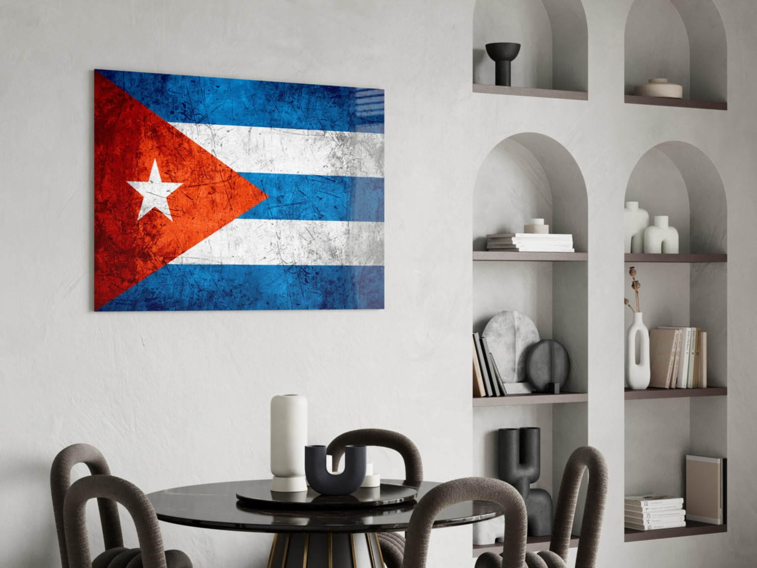 Cuban flag glass wall art with red, white, and blue horizontal stripes and white star displayed in modern dining room interior.