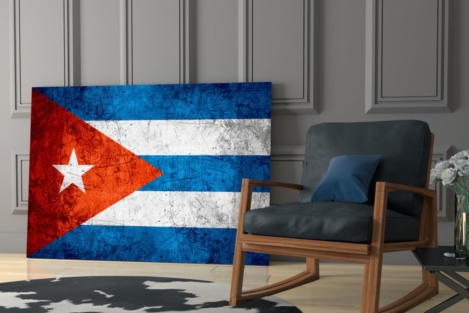 Distressed Cuban flag glass wall art displayed in modern living room beside wooden armchair with black cushions.