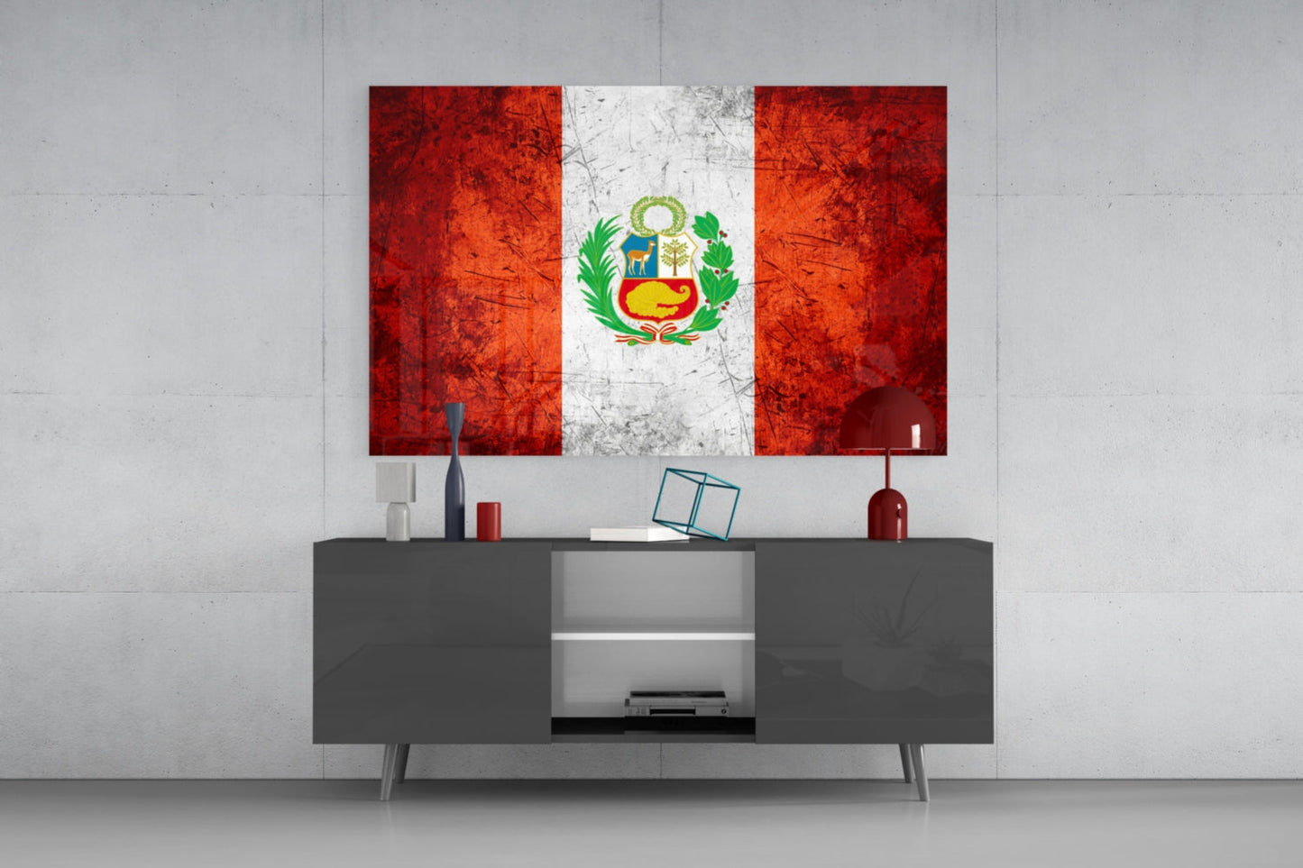 Scratched Orange Red Peru Emblem Flag Glass Wall Art