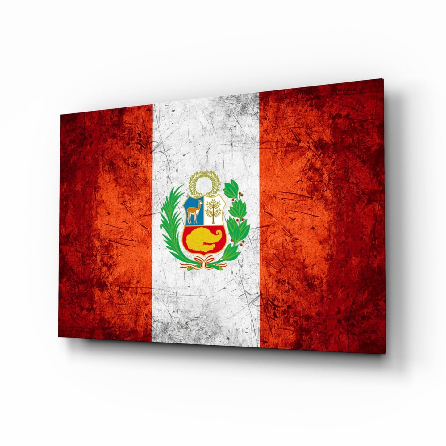 Scratched Orange Red Peru Emblem Flag Glass Wall Art