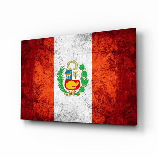 Peruvian flag glass wall art displayed at an angled perspective, showing red and white vertical stripes with central coat of arms emblem.