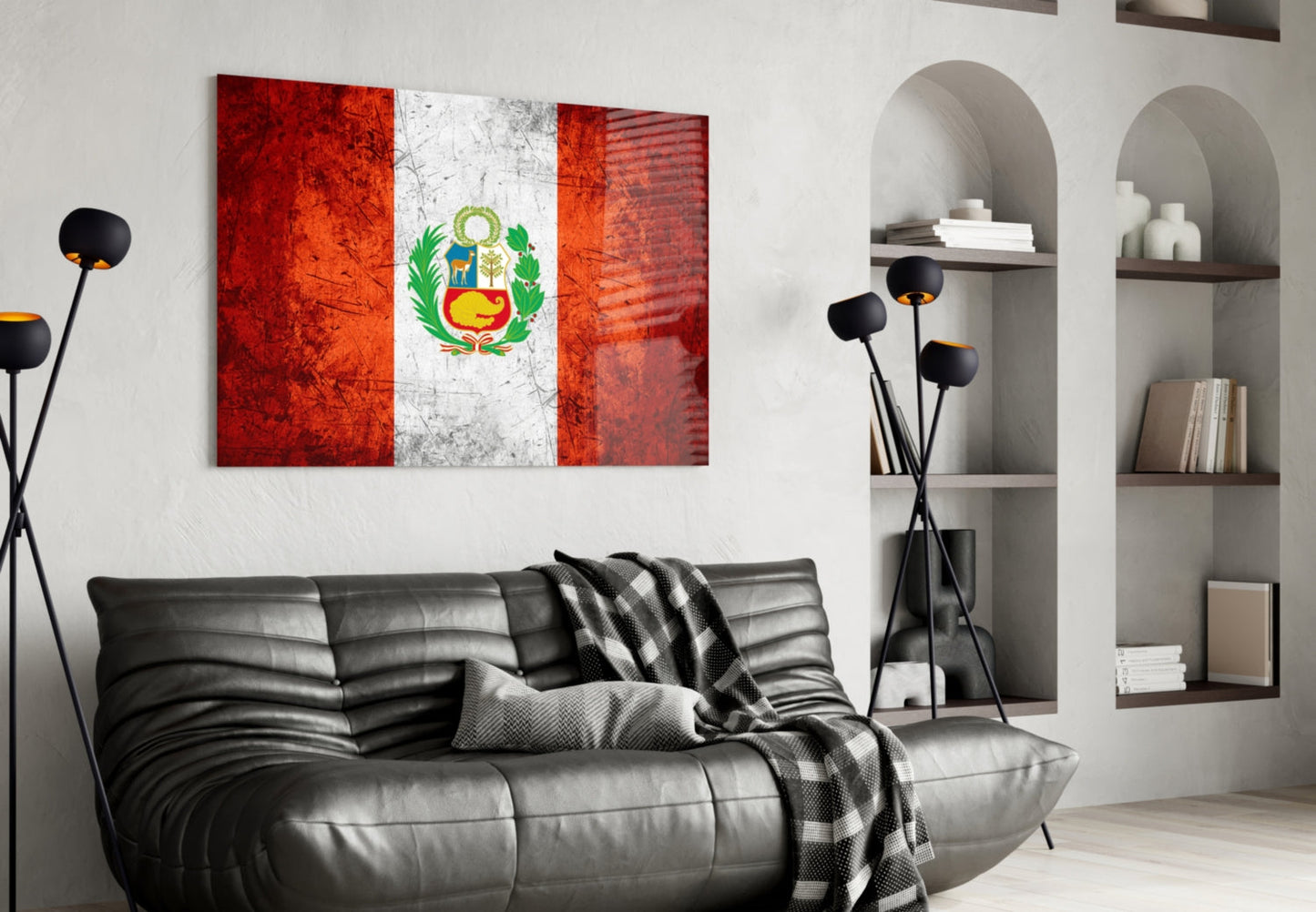 Scratched Orange Red Peru Emblem Flag Glass Wall Art