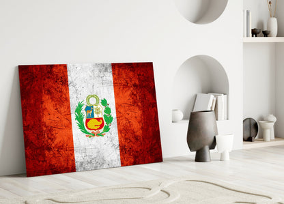 Scratched Orange Red Peru Emblem Flag Glass Wall Art