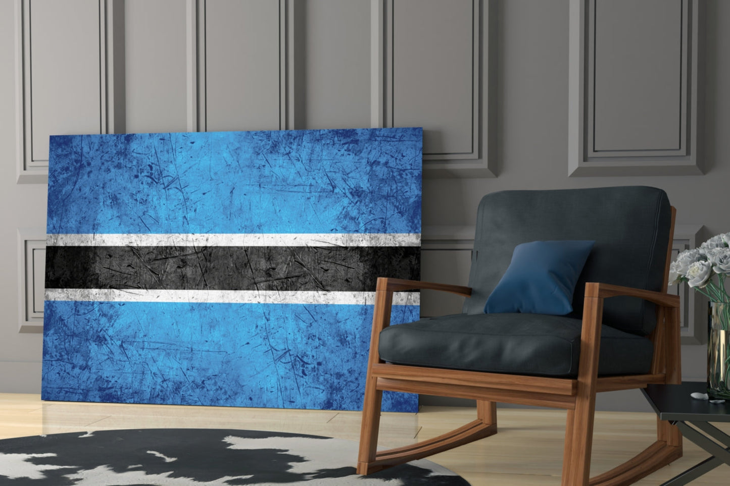 Botswana flag glass wall art displaying blue, white, and black horizontal stripes displayed in modern living room interior.
