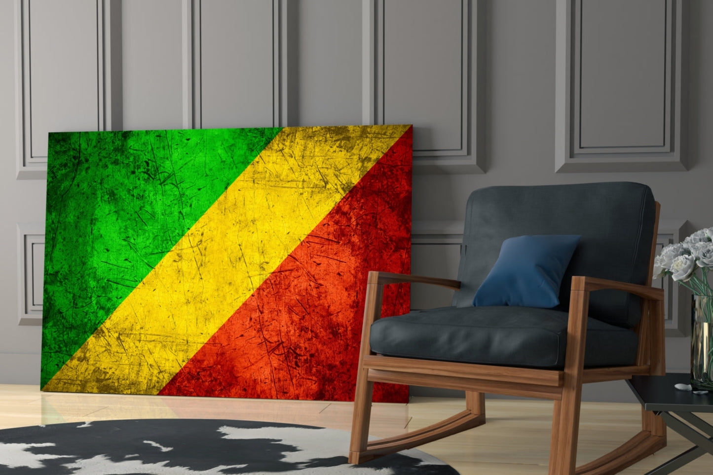 Congolese flag glass art displayed in a modern living room beside a wooden rocking chair with black leather cushioning.