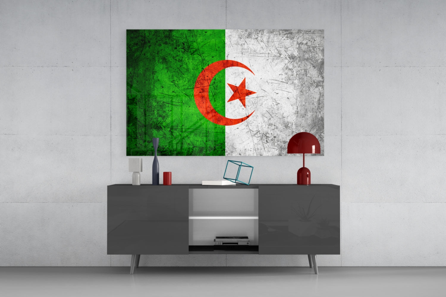 Algerian flag glass wall art displayed above a dark gray media console in a modern living room interior.