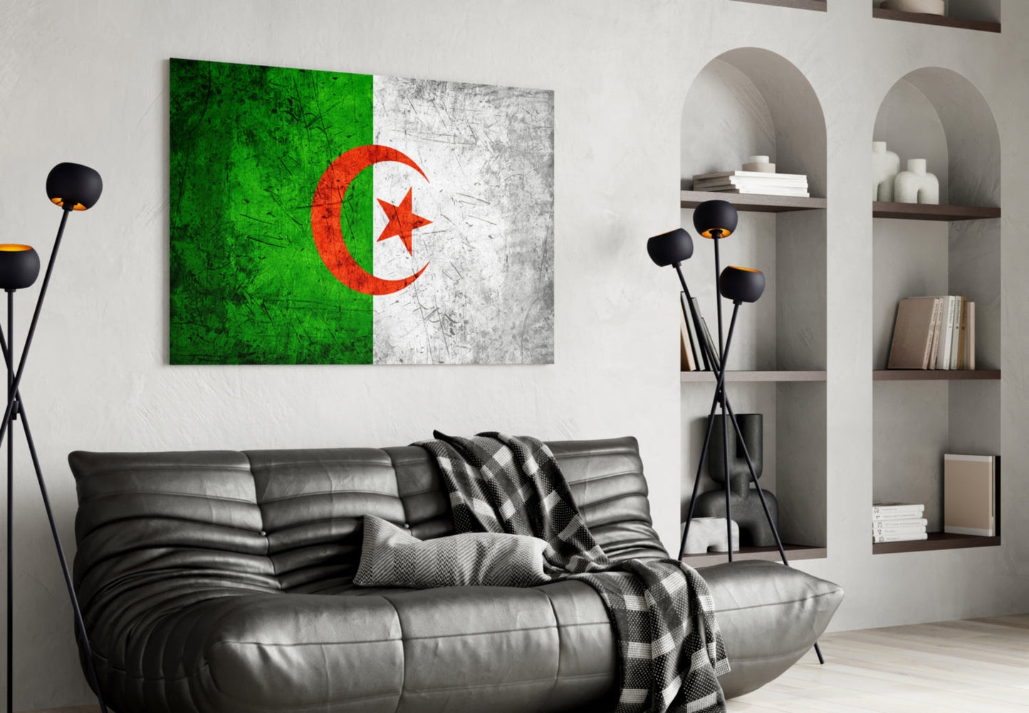 Algerian flag glass wall art displaying green, white, and red colors with crescent and star symbol, displayed above black leather sofa in modern living room.