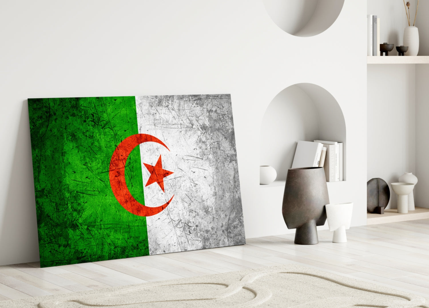 Algerian flag glass wall art leaning against white interior wall with decorative shelving and ceramic objects.
