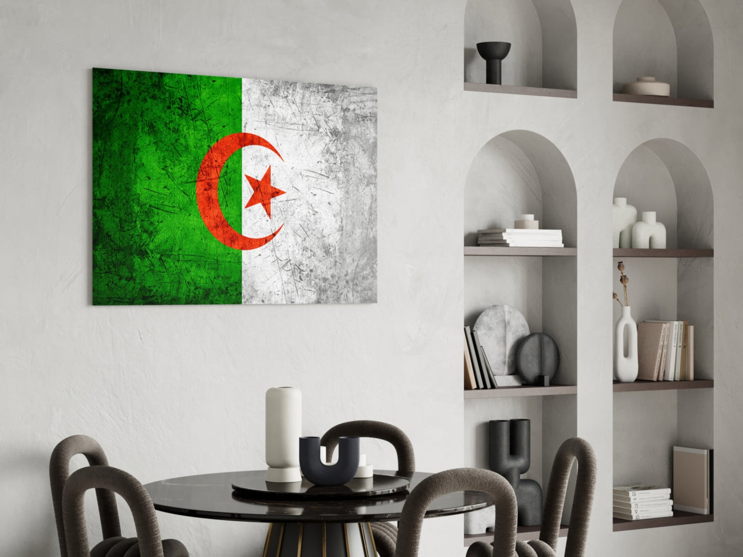 Algerian flag glass wall art with green, white, and red colors displayed above a black round dining table in a modern interior.