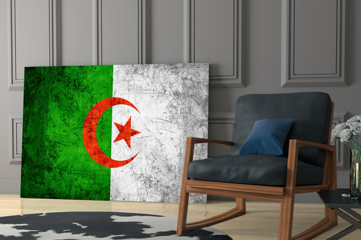 Algerian flag glass wall art displayed in modern interior with wooden chair, showing green, white, and red sections with red crescent and star.