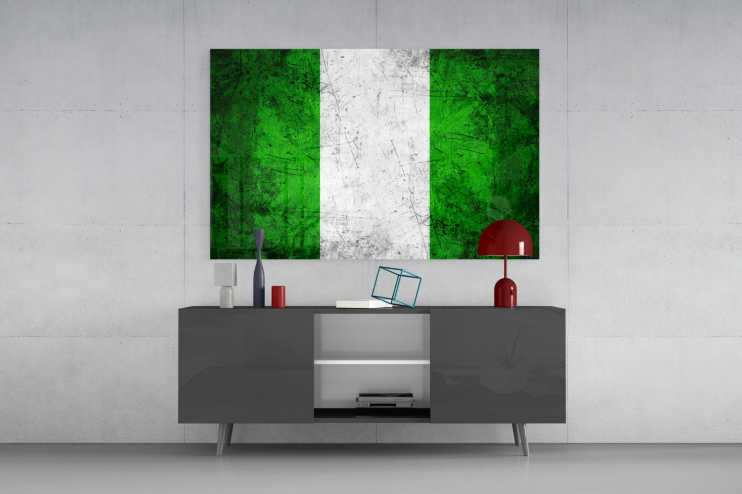 Nigerian flag glass wall art with green, white, and green vertical stripes displayed above gray media console in modern interior.