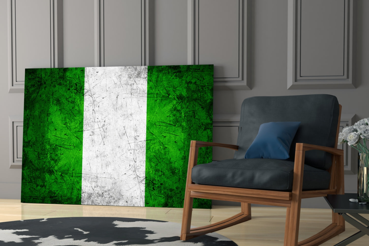 Nigerian flag glass wall art displayed behind mid-century wooden chair in modern living room setting.