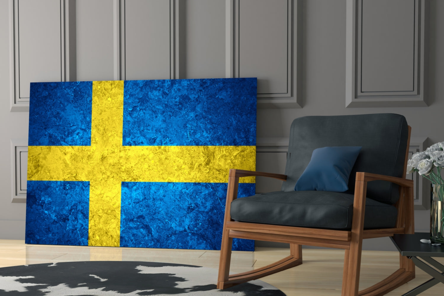 Swedish flag glass wall art displayed in modern living room with wooden chair and gray paneled walls.