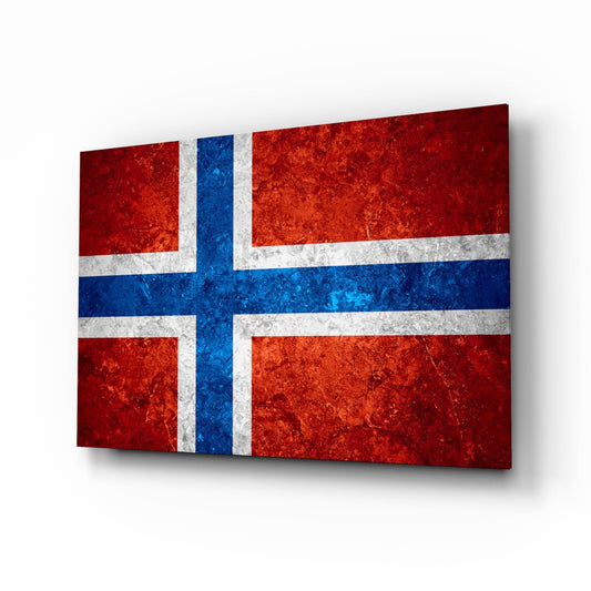 Weathered Norwegian flag glass wall art displayed at an angle, showing red, blue, and white cross design with textured, distressed surface.