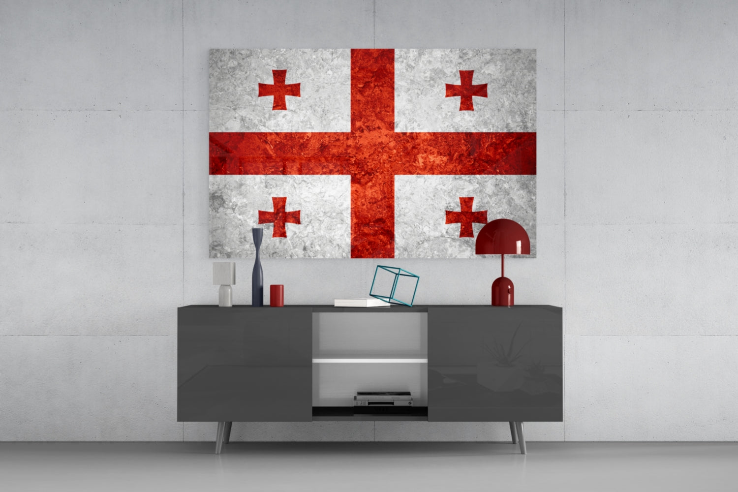 Flag of Georgia glass wall art displaying red crosses on white background, mounted above gray media console in modern interior setting.