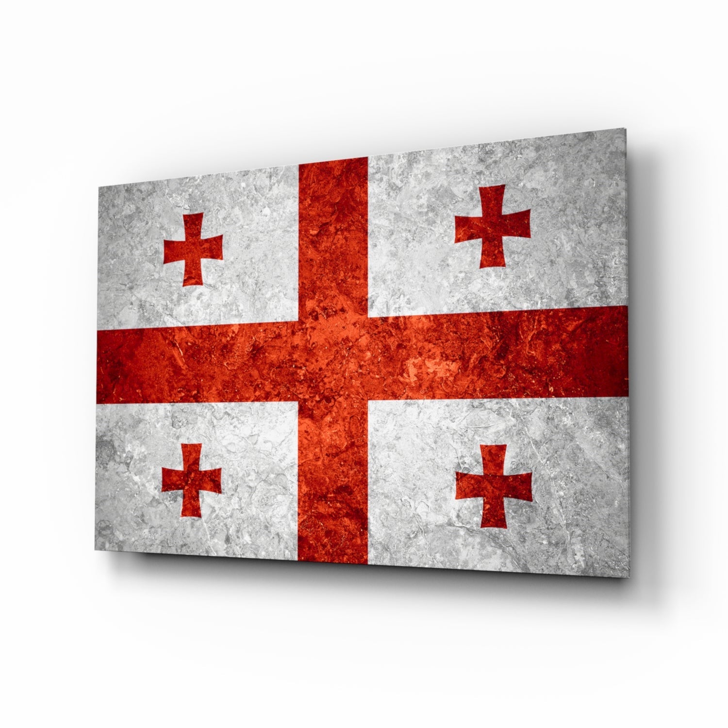 Georgian flag glass wall art displayed at an angle, showing white and red sections with four red crosses and weathered texture.