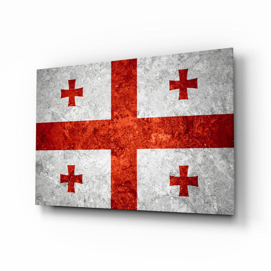 Georgian flag glass wall art displayed at an angle, showing white and red sections with four red crosses and weathered texture.