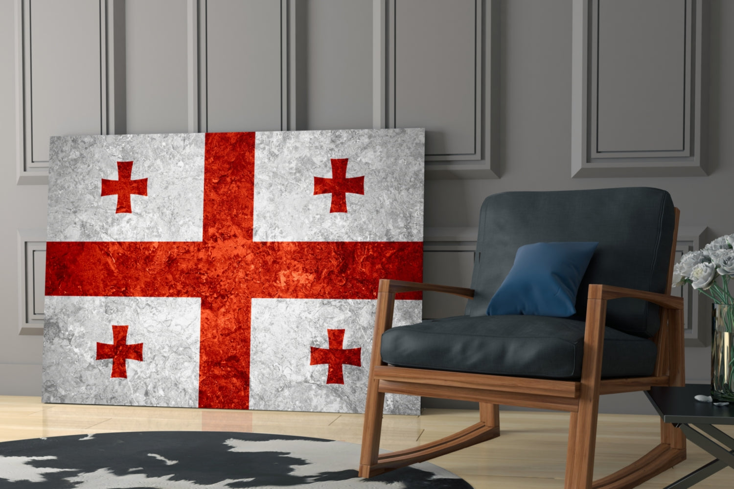 Georgian flag glass wall art displaying white and red cross design displayed in modern living room next to wooden chair.