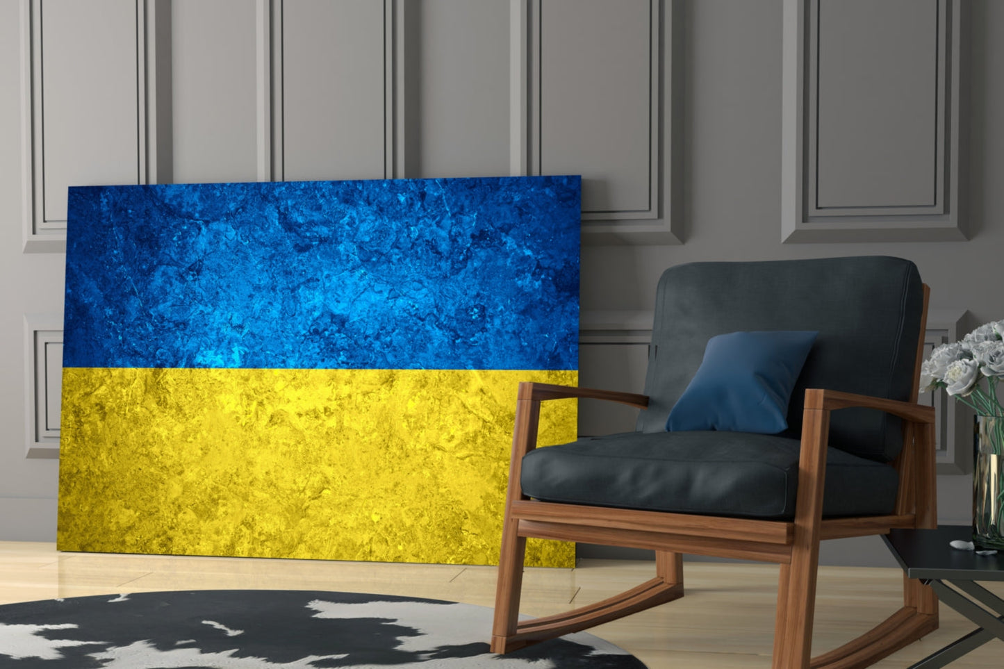 Ukrainian flag glass wall art with blue and yellow textured finish displayed in modern room interior next to wooden chair.