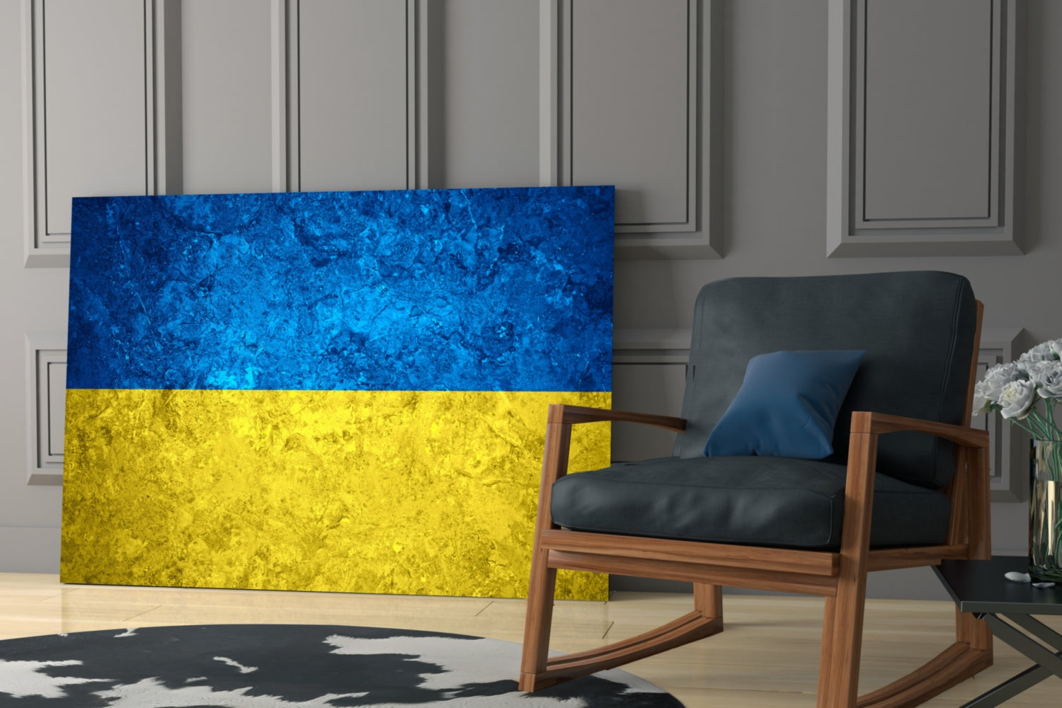 Ukrainian flag glass wall art with blue and yellow textured finish displayed in modern room interior next to wooden chair.