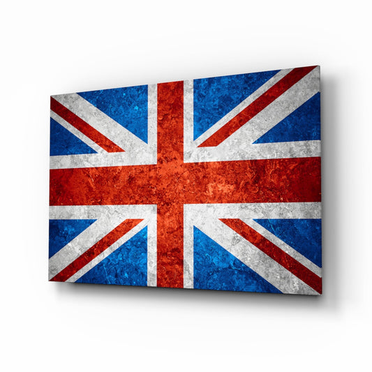 Union Jack glass wall art panel displayed at an angle, showing distressed blue, red, and white flag design with textured surface.