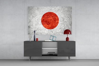 Gray Marble Red Sun Circle Japan Flag Glass Wall Art