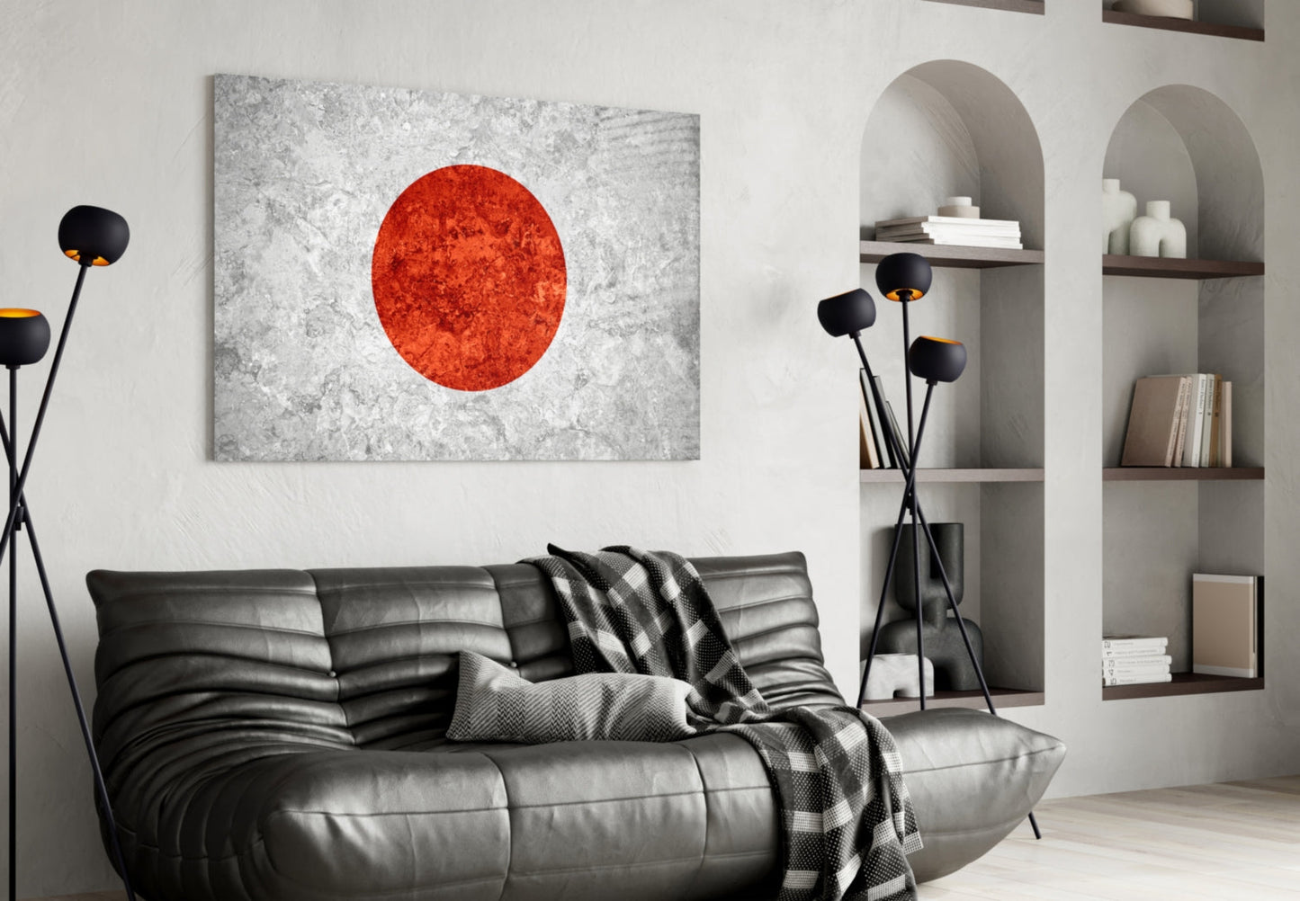 Gray Marble Red Sun Circle Japan Flag Glass Wall Art