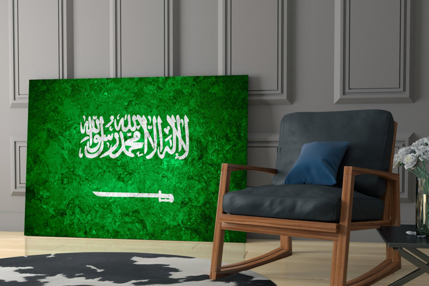 Saudi Arabia flag glass wall art displaying green background with white Arabic calligraphy and sword, displayed in modern living room with wooden chair.