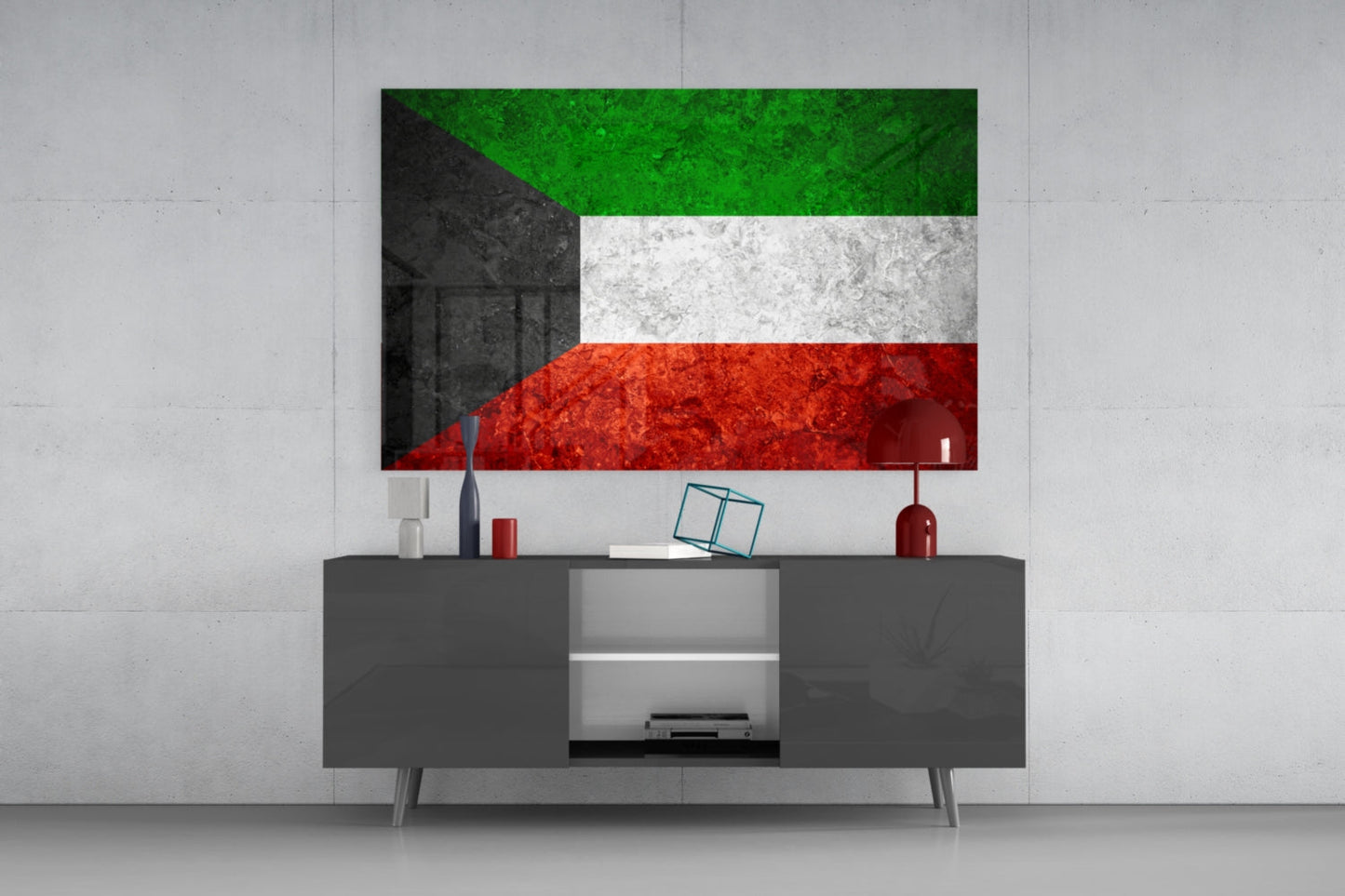 Kuwait flag glass wall art displayed above dark media console in modern living room setting, showing green, white, and red horizontal stripes with black trapezoid.