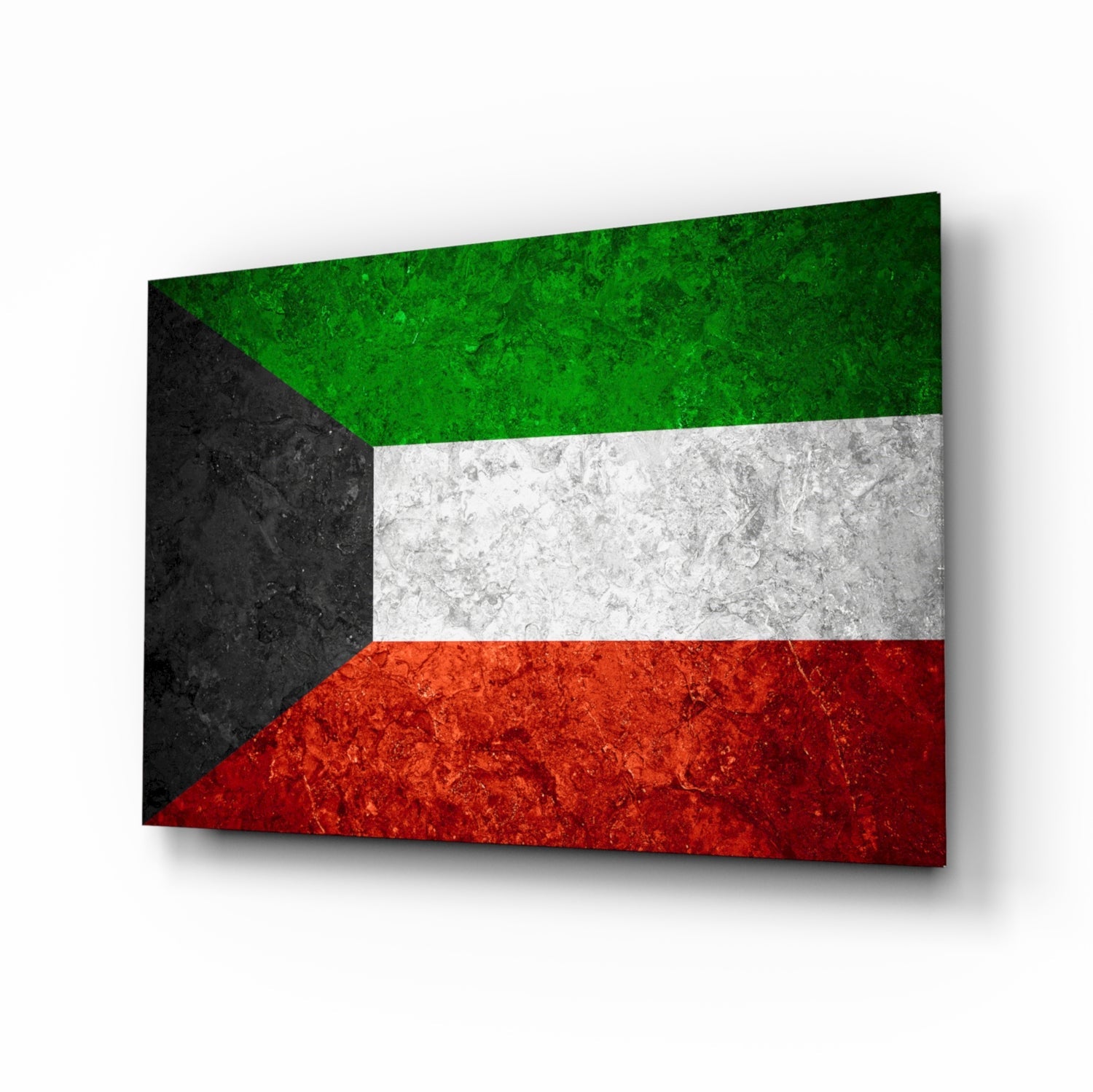 3D perspective view of Kuwait flag glass wall art with black, green, white, and red horizontal stripes and textured surface.