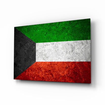 3D perspective view of Kuwait flag glass wall art with black, green, white, and red horizontal stripes and textured surface.
