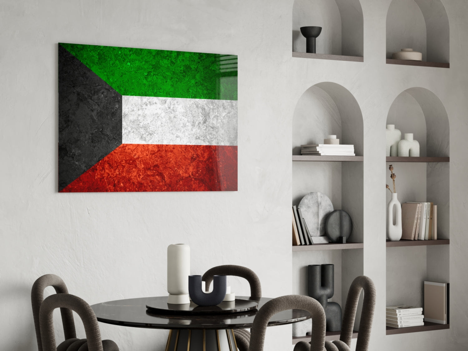 Kuwait flag glass wall art with green, white, and red horizontal stripes and black triangle, displayed above dining table in modern interior.