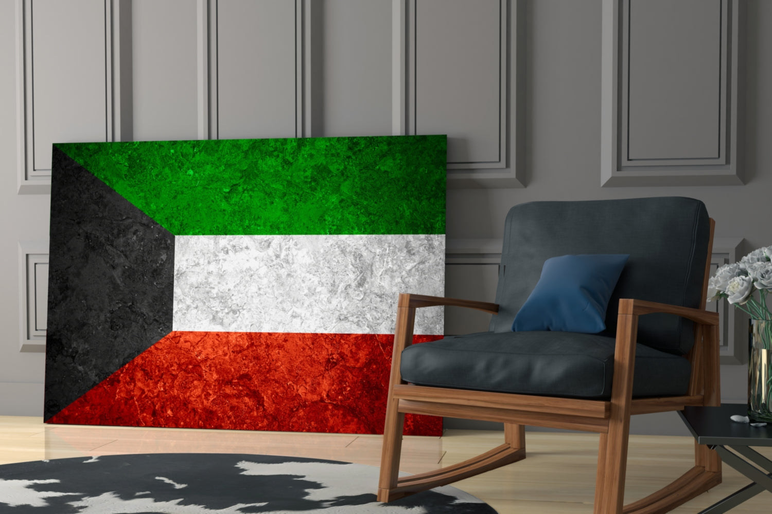 Kuwaiti flag glass wall art displaying black, green, white, and red horizontal stripes displayed in modern living room interior.