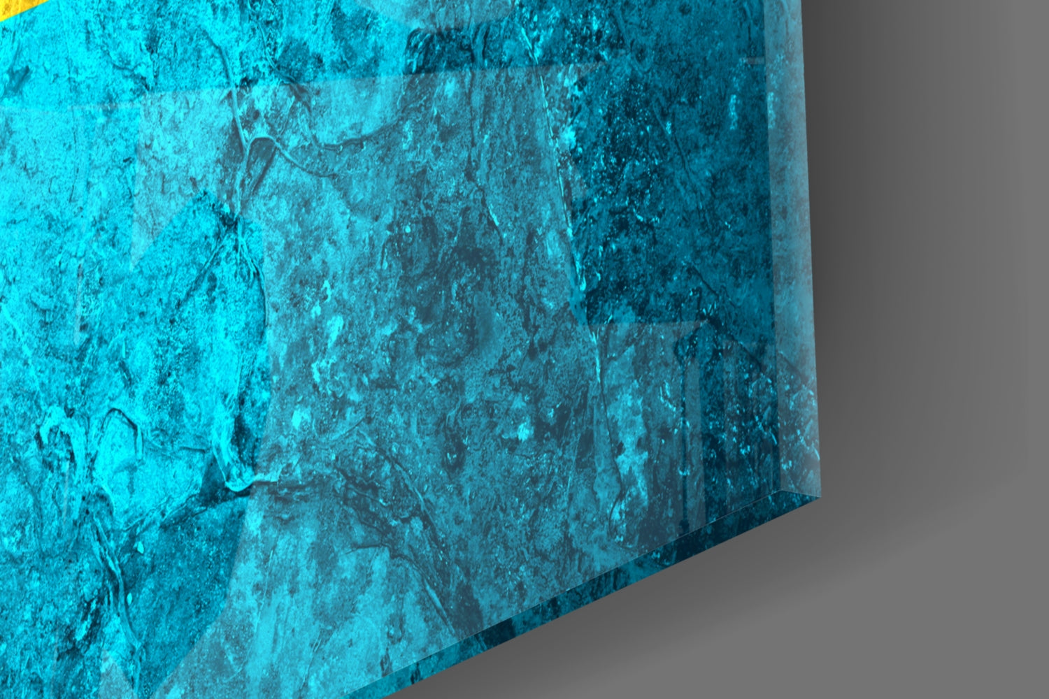 Close-up angled view of turquoise textured glass surface with weathered patina effect and subtle shadows.