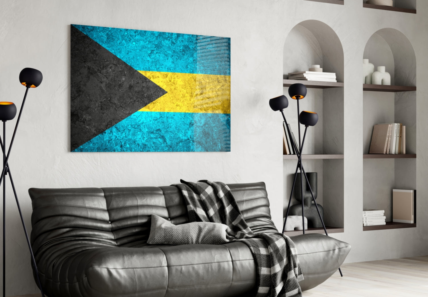 Bahamian flag glass wall art displaying turquoise, yellow, and black stripes hung above black leather sofa in modern living room.