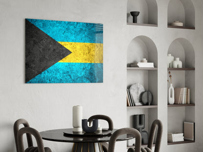 Bahamian flag glass wall art featuring turquoise, yellow, and black colors displayed above a dining table in a modern interior.