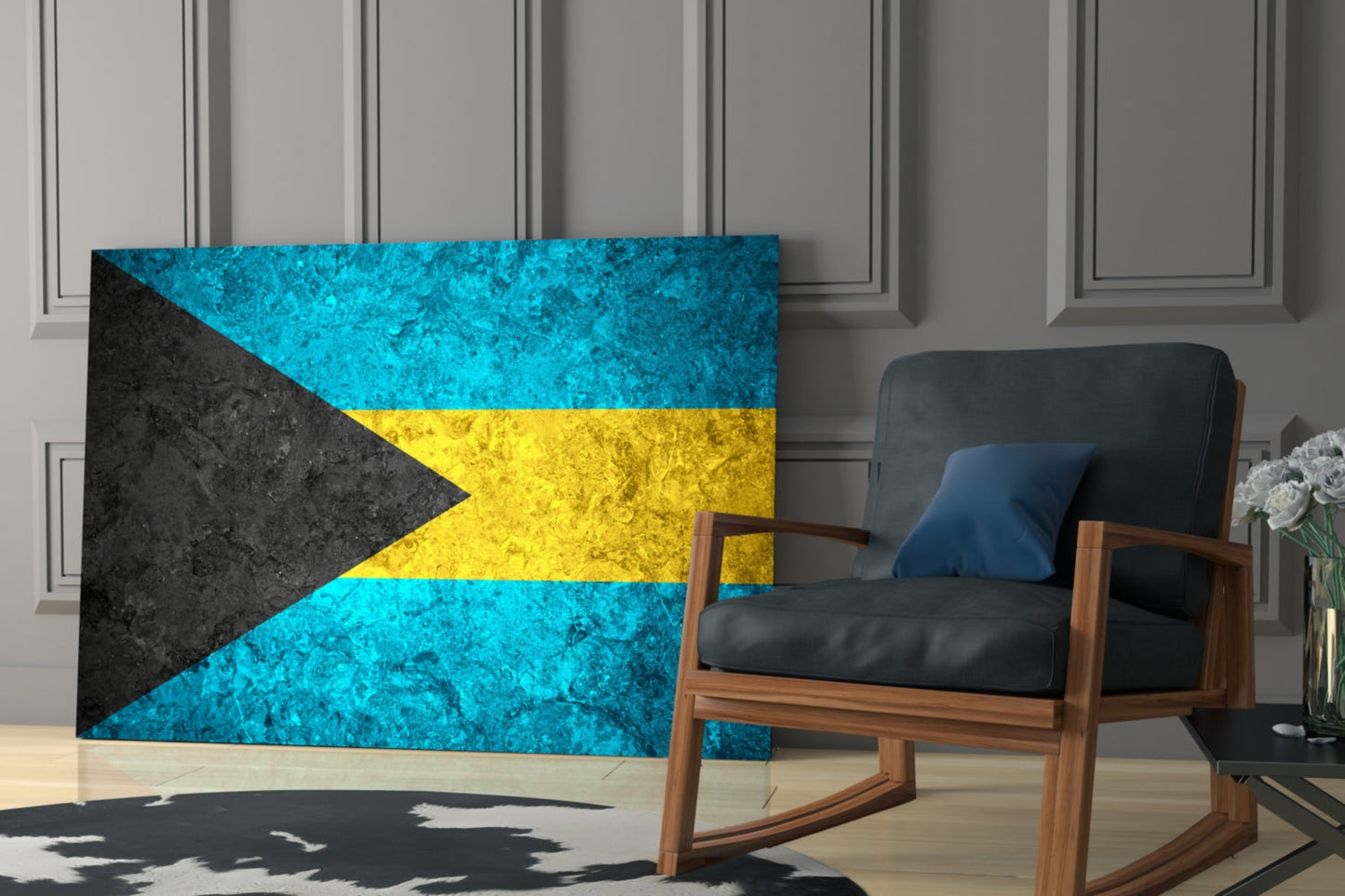 Bahamas flag glass wall art displaying turquoise, yellow, and black colours displayed in modern living room setting beside wooden chair.