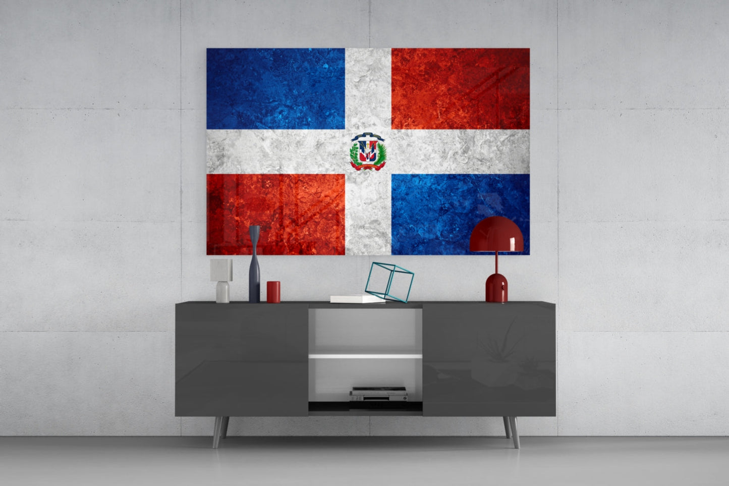 Dominican Republic flag glass wall art displayed above gray media console, showing blue, red, and white quarters with central coat of arms.