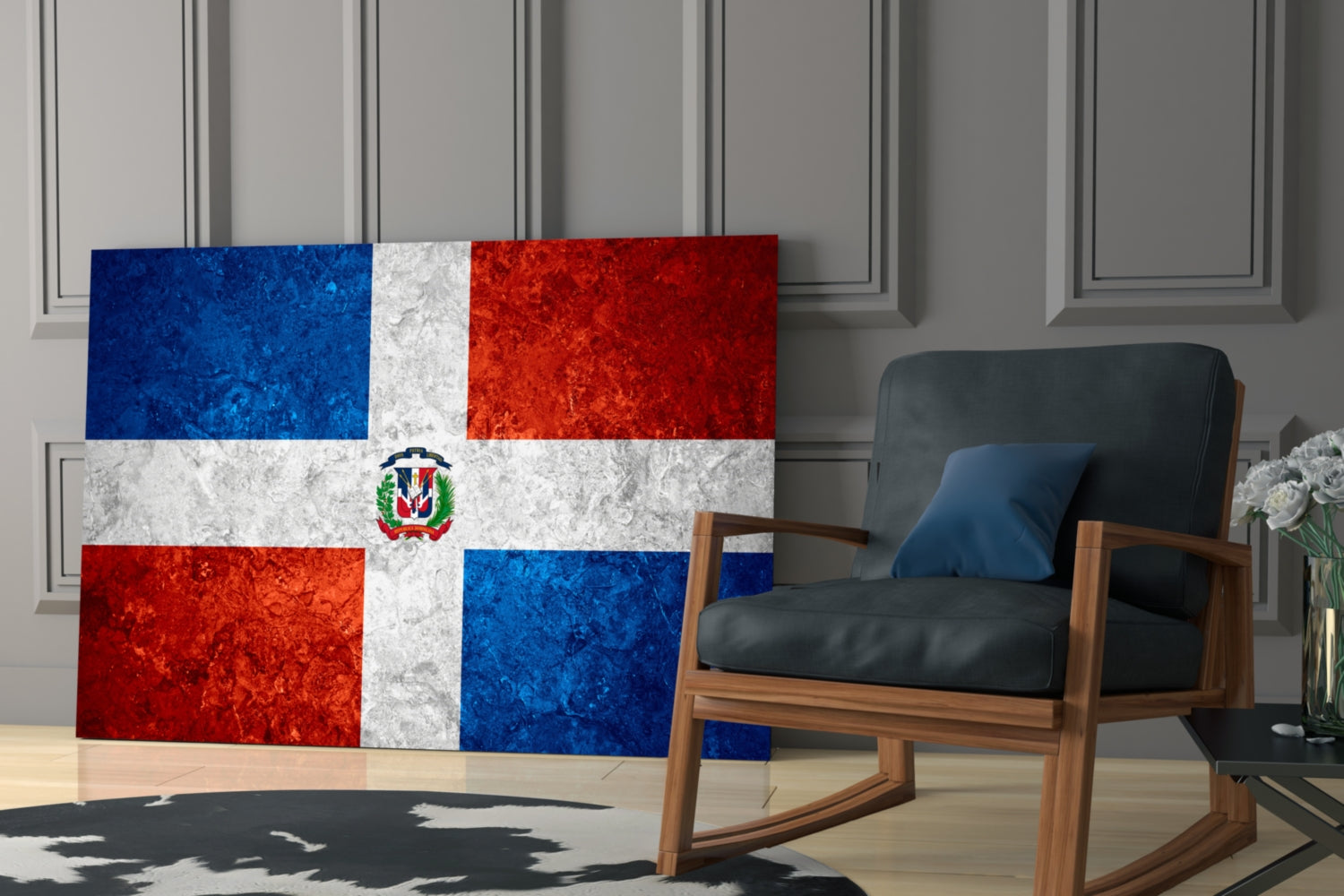 Dominican Republic flag glass wall art displayed in modern living room with wooden chair and gray paneled wall.