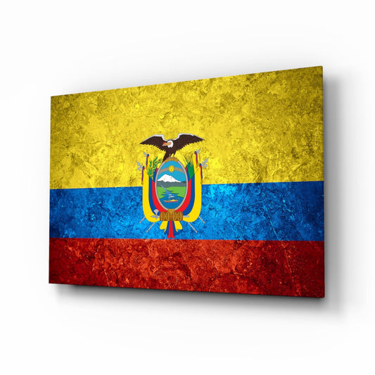 Ecuador's flag in glass wall art displayed at an angle, showing yellow, blue, red horizontal stripes with central coat of arms and eagle.