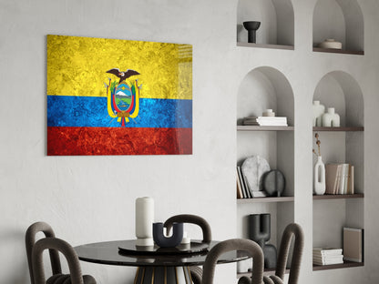 Ecuadorian flag glass wall art with yellow, blue, and red horizontal stripes and central coat of arms displayed in modern dining room setting.