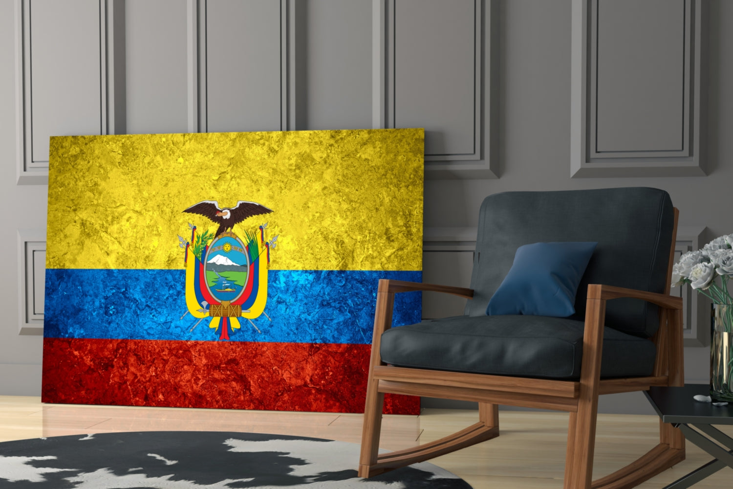 Ecuador flag glass wall art displayed in modern living room next to wooden chair with blue cushion.