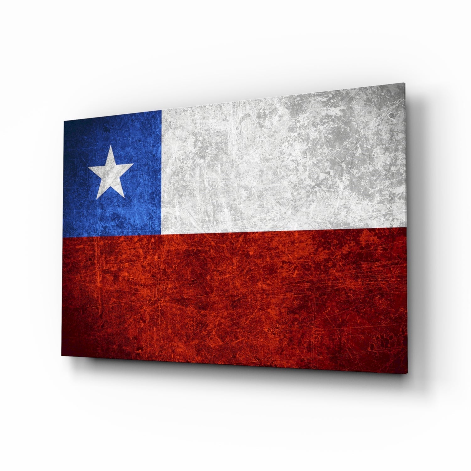 Chilean flag glass wall art displayed at an angle, showing blue, white, and red sections with a white star, mounted against a light background.