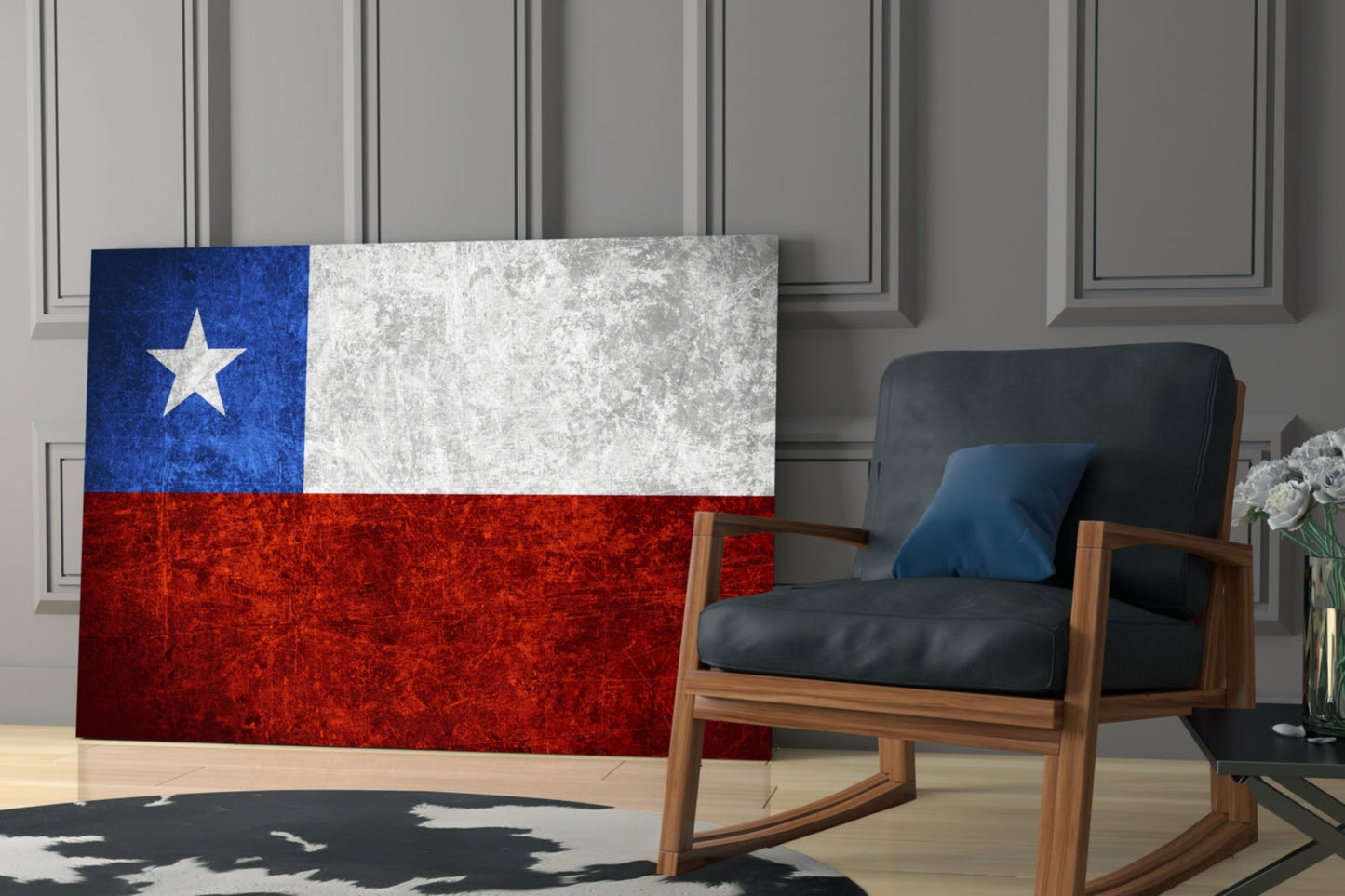Chilean flag glass wall art displayed in a modern living room beside a wooden rocking chair with black leather cushions.