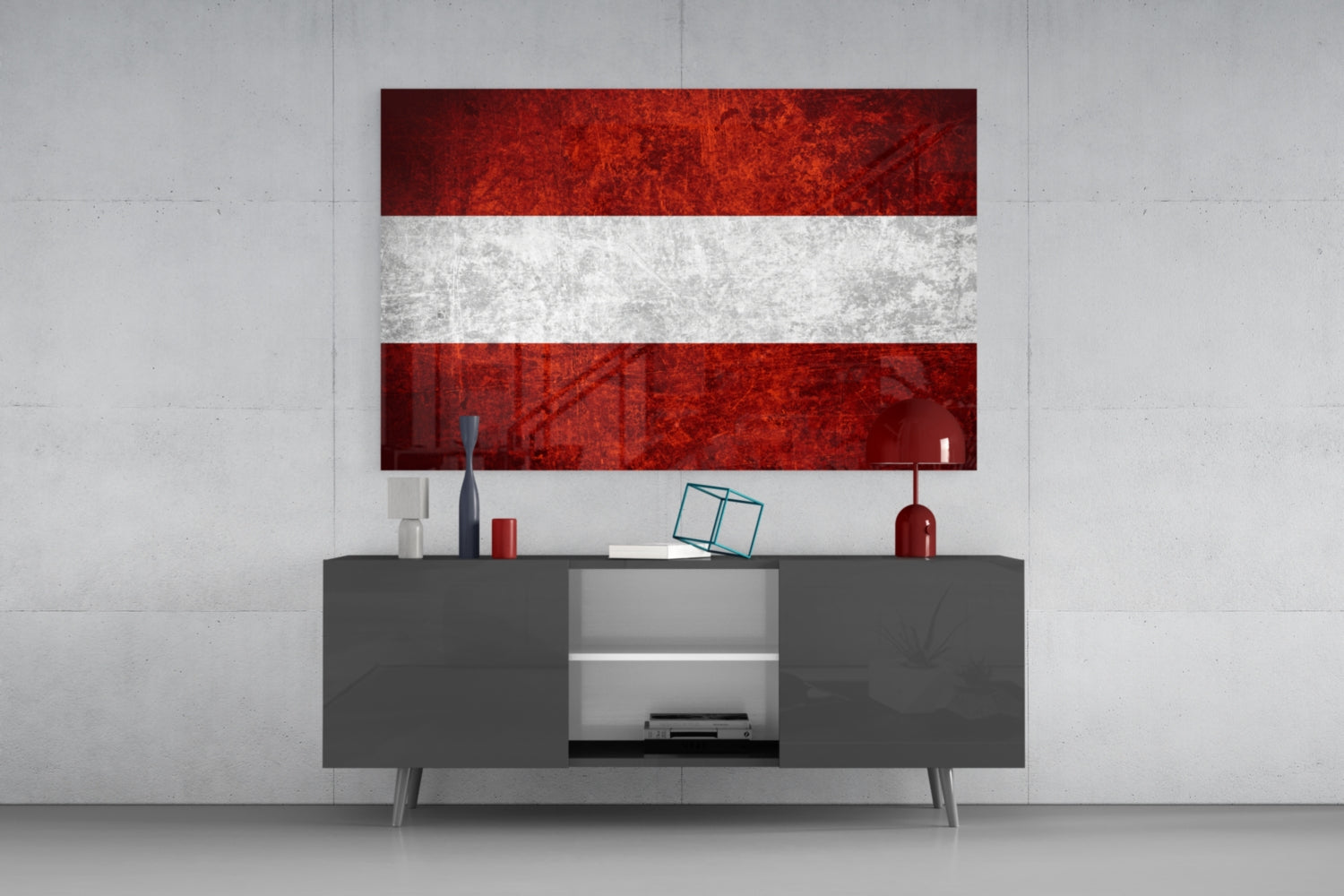 Austrian flag glass wall art displaying red-white-red horizontal stripes hanging above a dark modern console table in a minimalist interior.