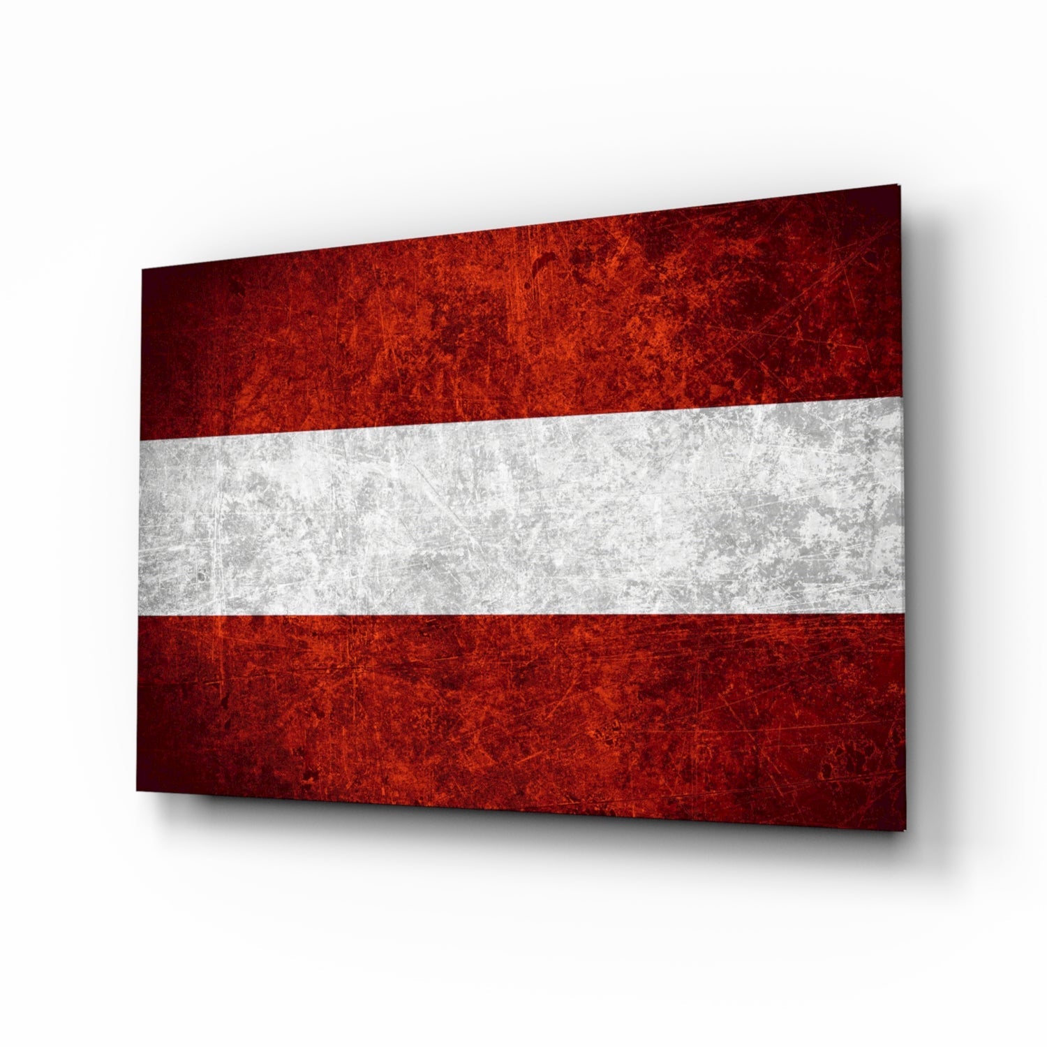 Austrian flag glass wall art displayed at an angled perspective, showing red-white-red horizontal stripes with distressed texture.