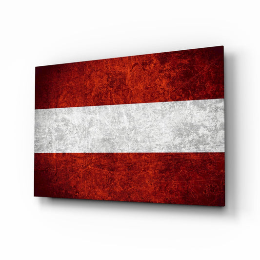 Austrian flag glass wall art displayed at an angled perspective, showing red-white-red horizontal stripes with distressed texture.