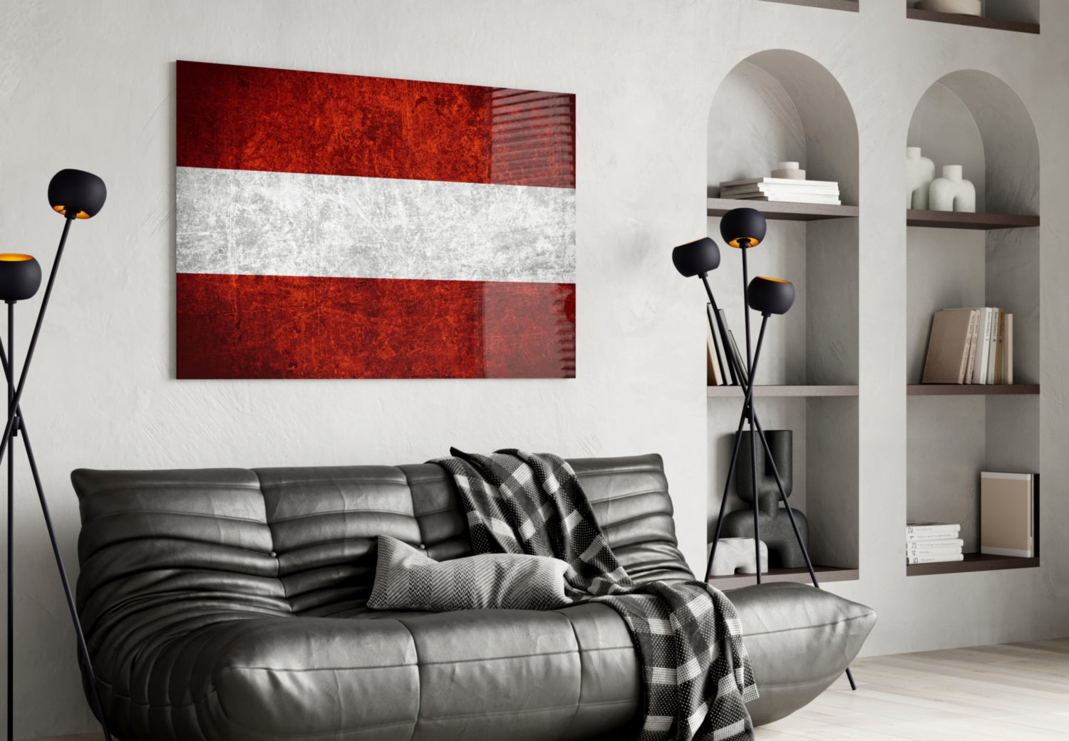 Austrian flag glass wall art with red-white-red horizontal stripes displayed above black leather sofa in modern living room.