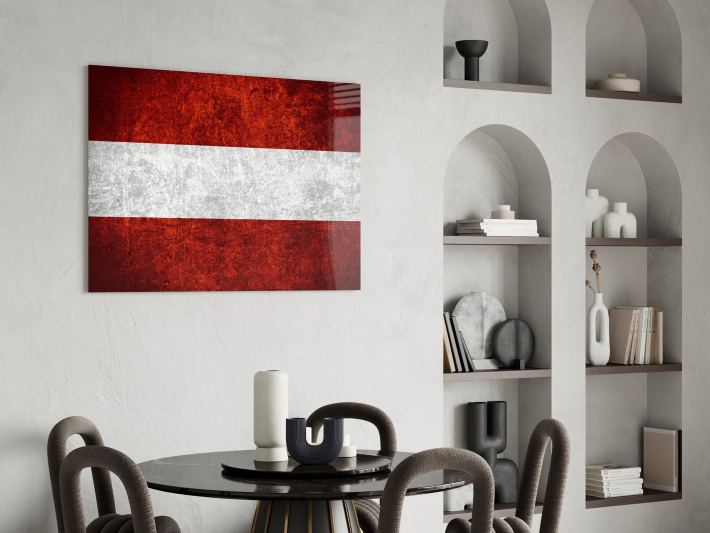 Austrian flag glass wall art with red-white-red horizontal stripes displayed above a dining table in a modern interior.